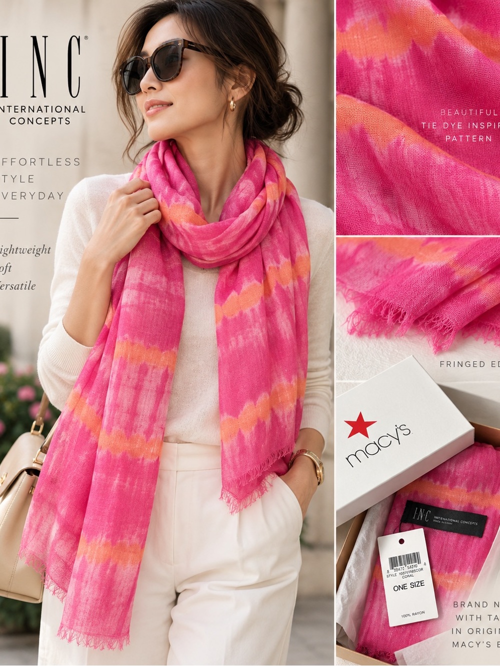 INC International Concepts Pink Coral Tie Dye Scarf NWT Macy’s Box